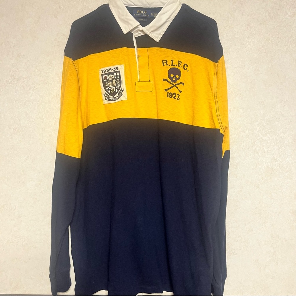 Polo by‎ Ralph Lauren Men's Skull & Crossbones Navy and Yellow Rugby XL Shirt
